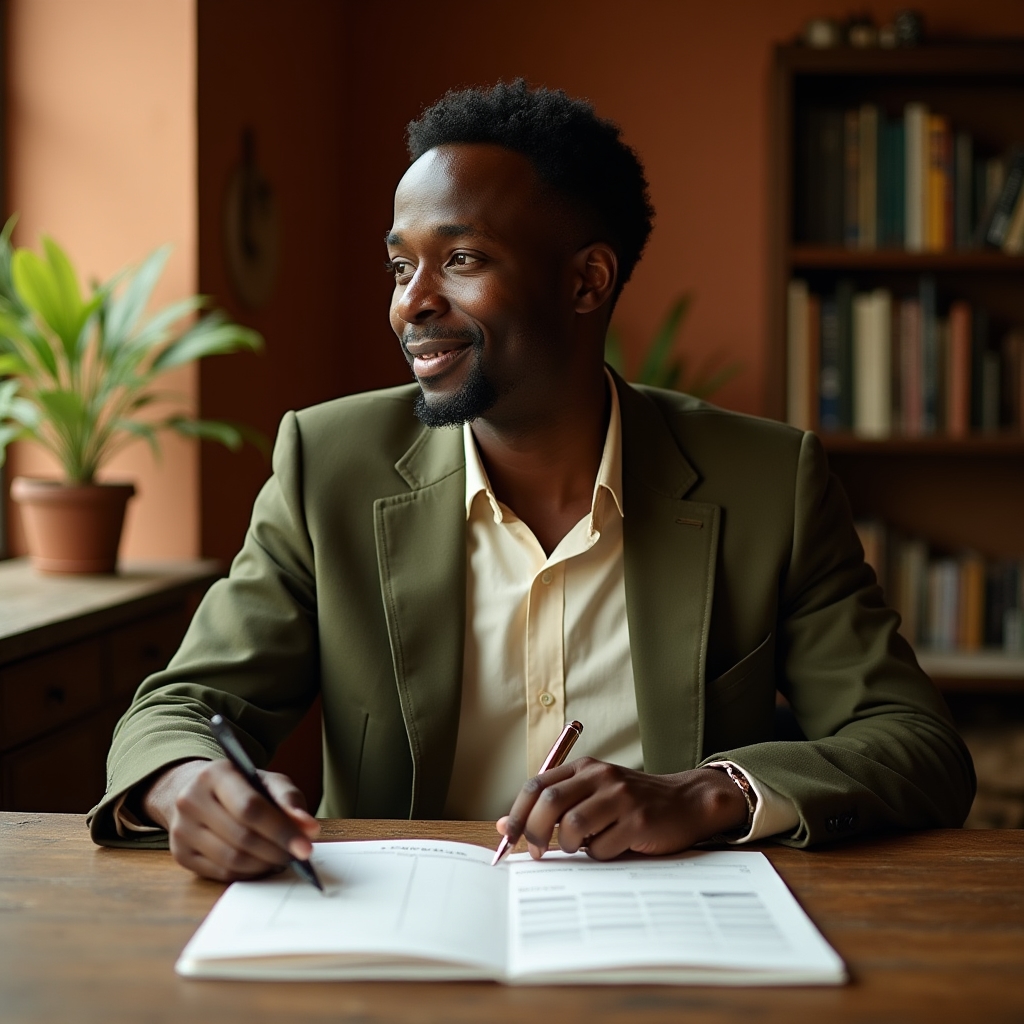 Founder of Voyepi Tawano sitting at a wooden desk reviewing an editorial calendar on a laptop