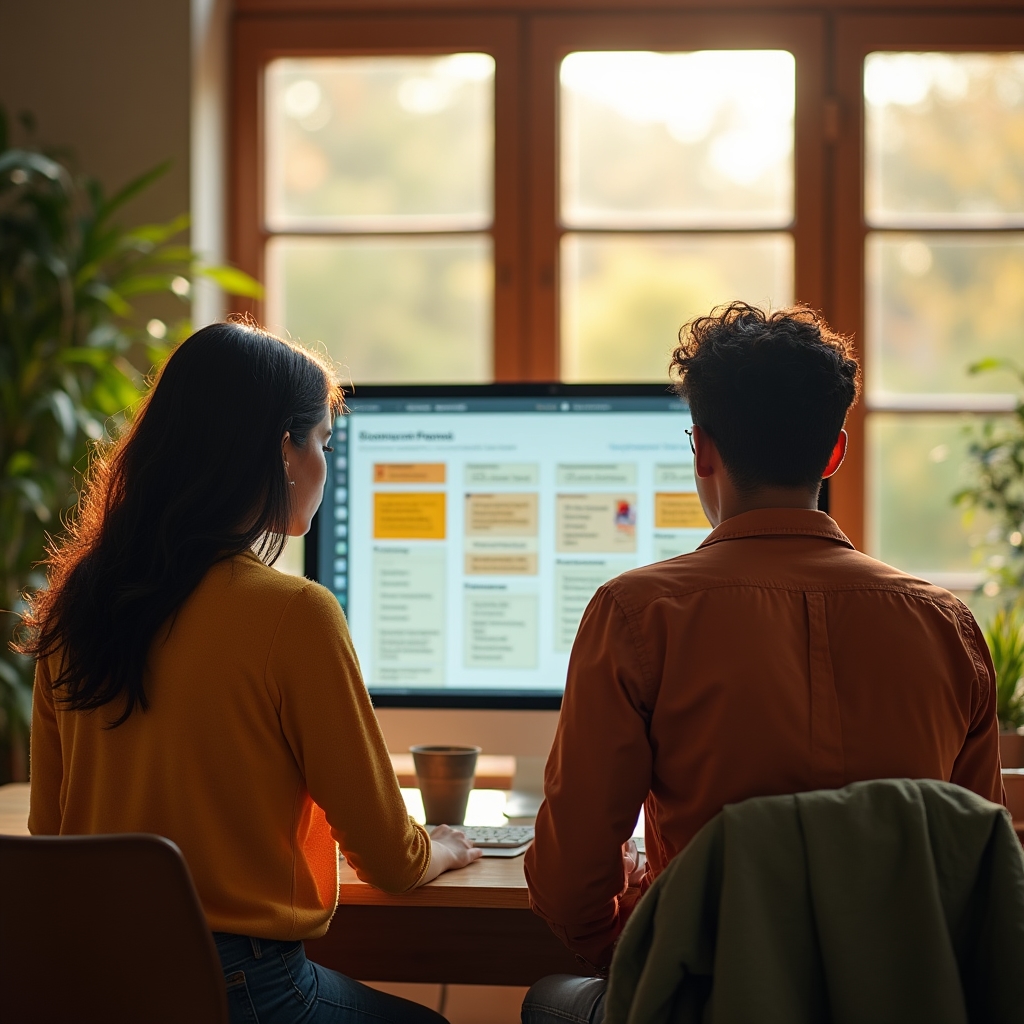 Editorial team reviewing a Kanban-style content workflow board on a large monitor